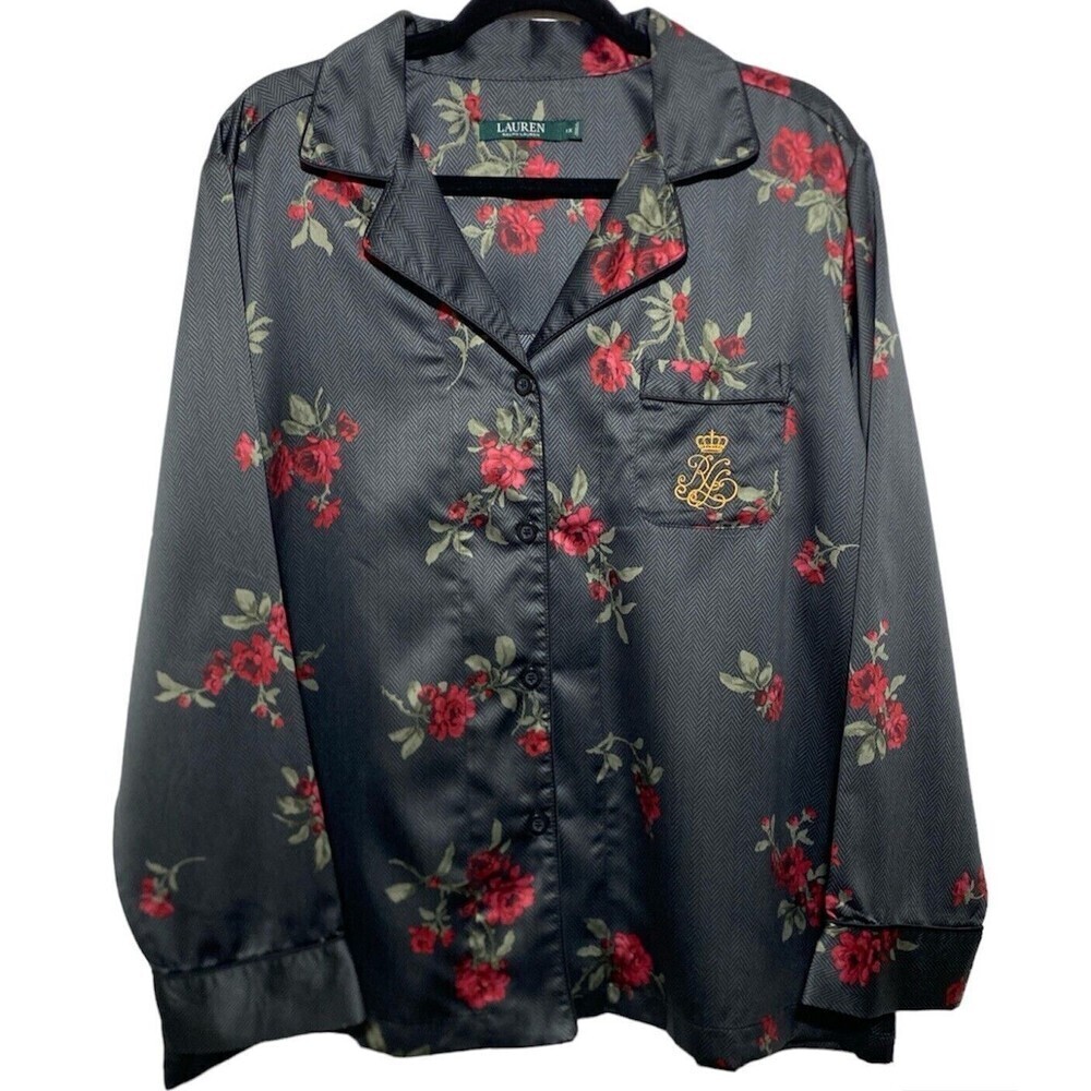 Lauren Ralph Lauren Black Floral Satin Pajama Top